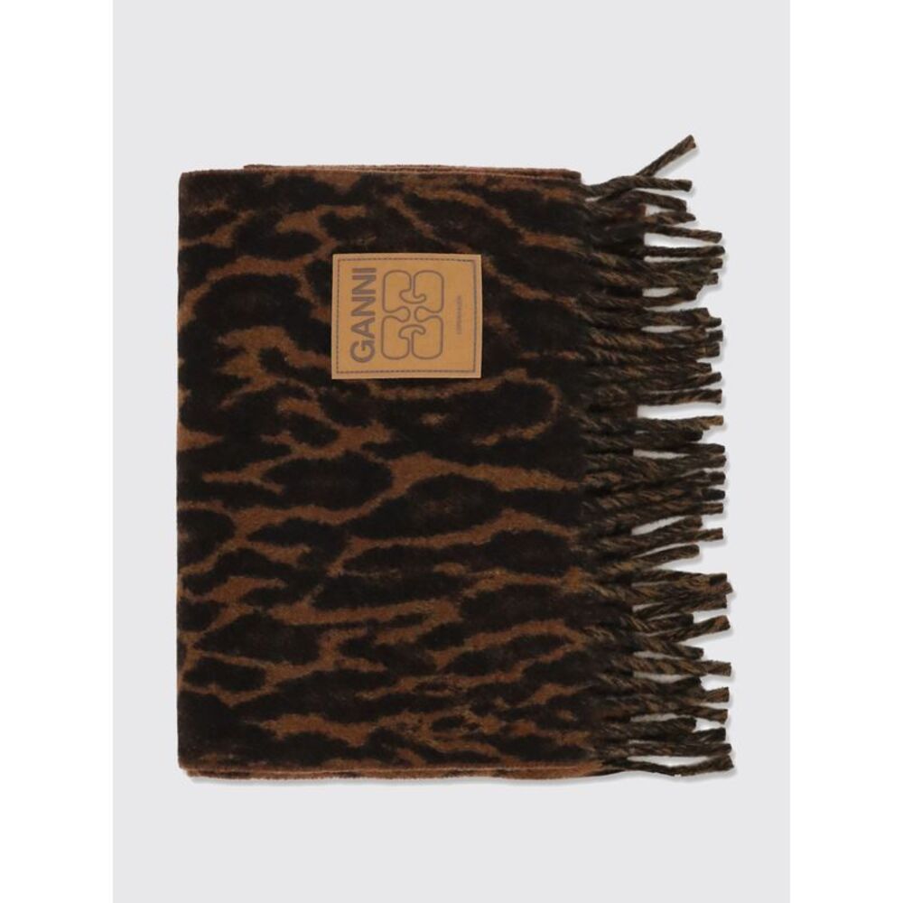 Ganni Women Ganni Animal Print Wool Scarf With Fringed Hem